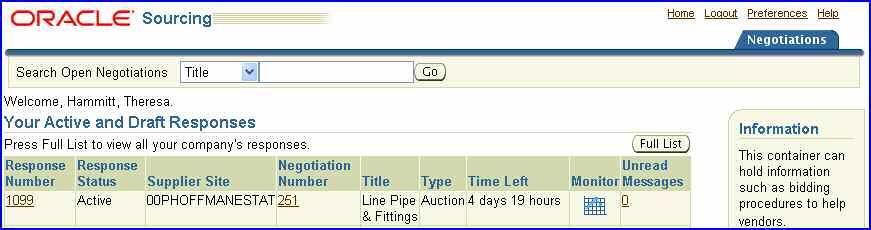 Section 5-5 Create Bid (Re-bid an Auction) Click the Response Number link on the Negotiations tab to