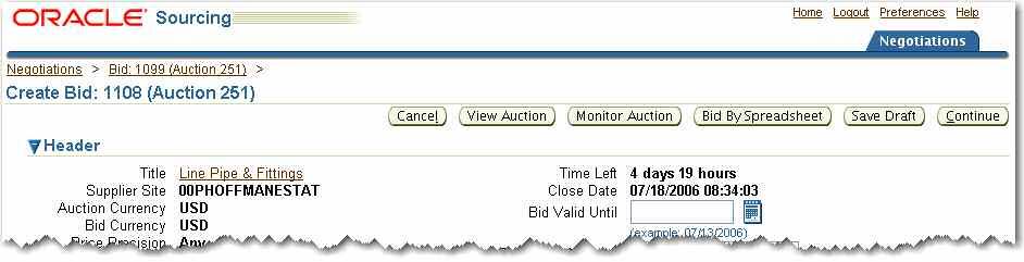 Select Create Bid from the Actions drop-down list and click the Go button; see above.