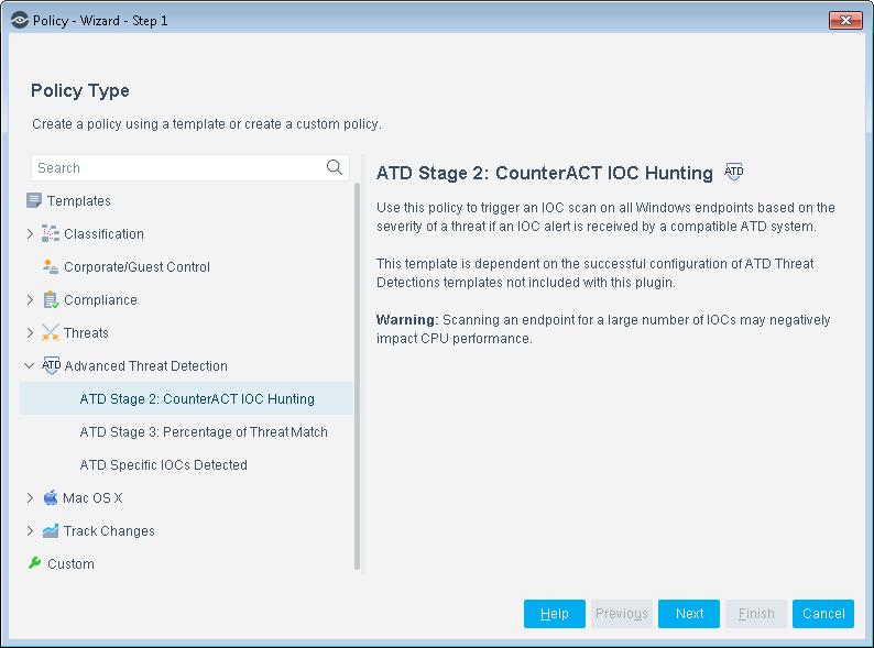 3. Expand the Advanced Threat Detection folder and select ATD Stage 2: CounterACT IOC Hunting.