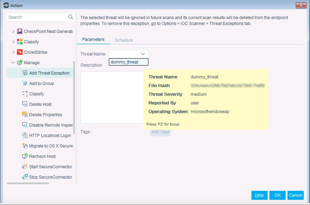 Manually Remove Threat Exception Data You can manually remove individual threats from the Threat Exceptions repository so that endpoints will no longer be scanned for specific threats.