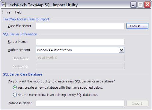 When you are ready to migrate existing cases to the, the LexisNexis TextMap SQL Import Utility dialog box displays. See About migrating cases.