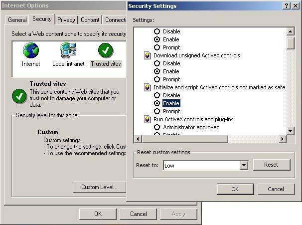 8. Select Custom level setup 9. Enable or prompt Download Unsigned ActiveX controls. 10.