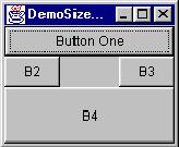 Example Program (2) Component construction and configuration JButton b1 = new JButton("Button One"); JButton b2 = new JButton("B2"); JButton b3 = new JButton("B3"); JButton b4 = new JButton("B4"); b3.