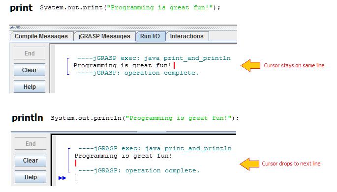 Difference Between print and println System.out.print("Programming is great fun!
