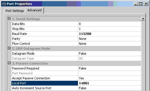The Advanced tab (Figs. 12-13) displays all the port properties in detail. Run Ethernet Device Installer Fig. 12 Fig. 13 5. In the 1. Serial Settings (Fig.