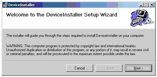 Ethernet Device Installer Fig. 4 4. Continue at the DeviceInstaller Setup Wizard. The DeviceInstaller Setup Wizard (Fig.