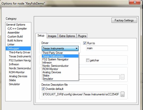 in this window, then select Debugger select Driver as Texas