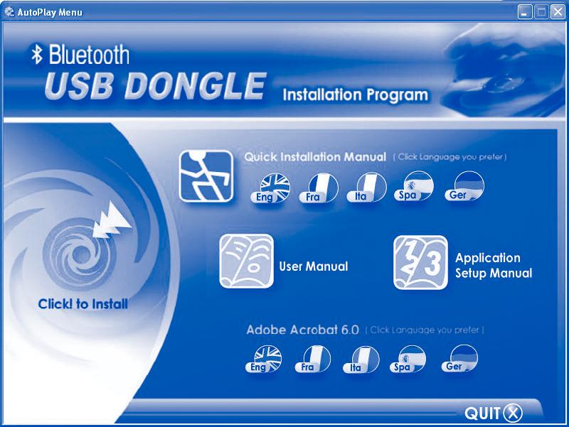 Install the Bluetooth Software included on the CD-ROM first, and then plug in the USB adapter. For more detailed information or instructions consult the manual on the CD-ROM.