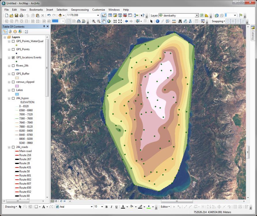 3. Interpolate a surface water quality concentrations. There are many interpolation algorithms you can choose from. a. In ArcToolbox, go to Spatial Analyst Tools Interpolation Natural Neighbor. b.