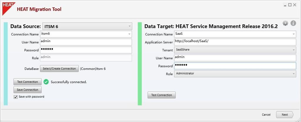 Step 1: Entering Information About the Source and Target Databases When you open the Migration Tool, the system displays the Data Source and Data Target screen.