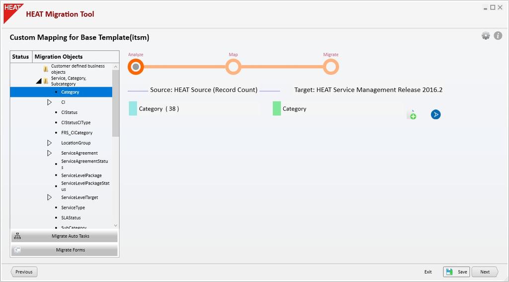 The system analyzes the highlighted default mapping to determine if there are source and target business objects associated with it. See "Custom Mapping (Analyze) Screen" below.