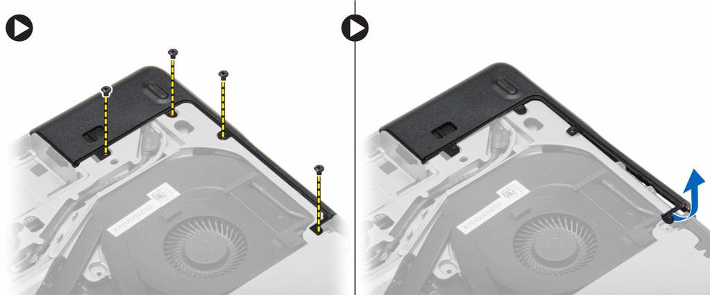 Tighten the screws to secure the base-corner covers to the computer. 3. Install: a. base cover b. battery 4.