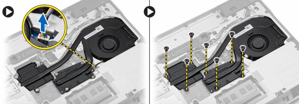 Install: a. base cover b. base-corner cover (right) c. battery 7. Follow the procedures in After Working Inside Your Computer. Removing the Heat-Sink Assembly 1.