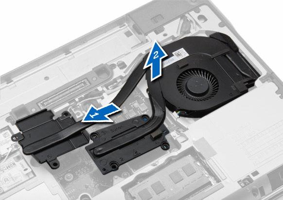 4. Perform the following steps as shown in the illustration: a. Slide the heat-sink assembly. b. Lift the heat-sink assembly from the computer. Installing the Heat-Sink Assembly 1.