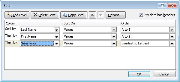 column using the Sort & Filter list o Options