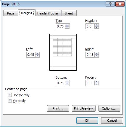 3. In the Page Setup dialog box, on the Margins tab, enter the desired values in the Top, Bottom, Left, and Right boxes (see Figure 47
