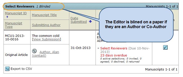 BLINDED REVIEWS If an assigned Editor is an author or co-author on a paper, they will not be able to view the manuscript to perform tasks such as Select, Invite, or Assign