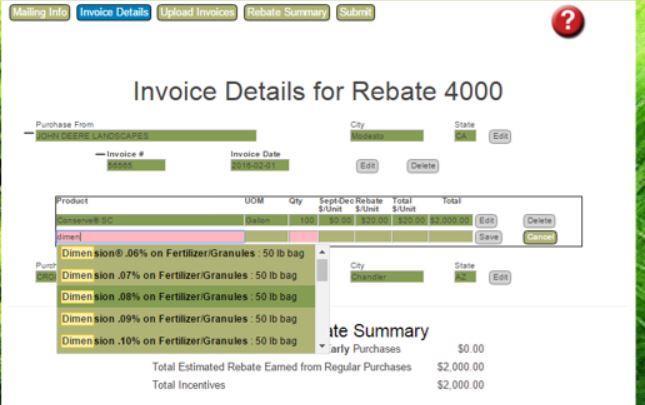 Invoice Details When you begin entering in a product, a drop down box will pop up so that you can easily chose which product. Often times you may need to scroll down to locate the correct product.