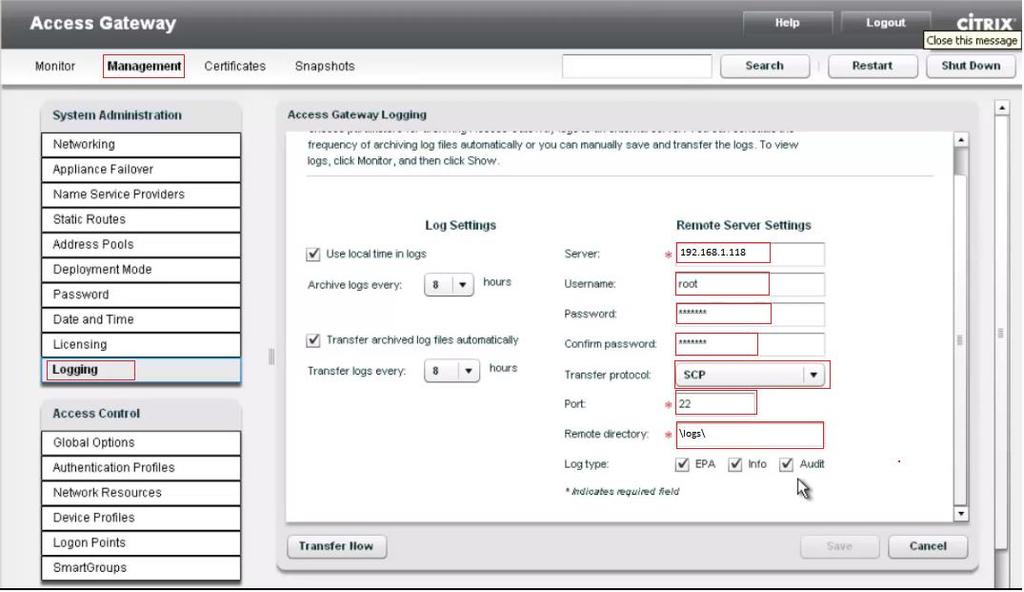 3. In the Access Gateway Logging panel, under Remote Server Settings, set the following options: a. In Server, type the IP address or host name of the remote server (EventTracker Machine). b.