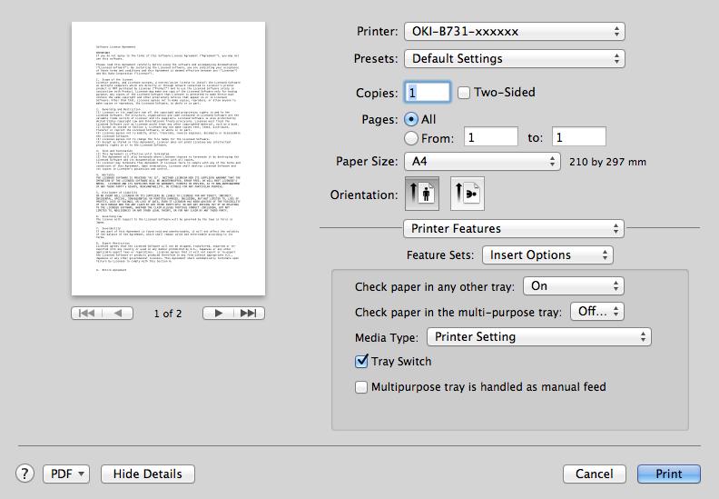 Description of Print Functions For Mac OS X PS Printer Driver [Printer Features] panel [Cover Page] panel 1 Feature Sets Options Description Sets the various