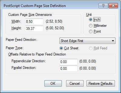 4 Click [Paper Size] and select [PostScript Custom Page Size] from the drop-down list. 5 Enter the dimensions in the [Width] and [Height] boxes, and press [OK].