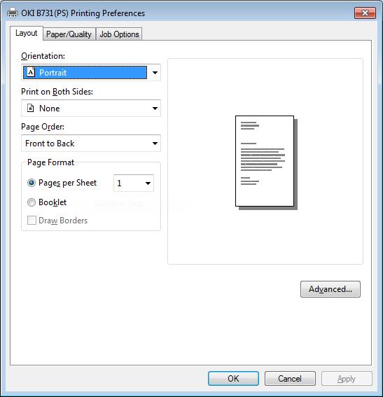 For Windows PS Printer Driver [Layout] tab Description Orientation Print on Both Sides Selects the document orientation. Sets the 2-sided printing. Page Order Selects the page order of document.