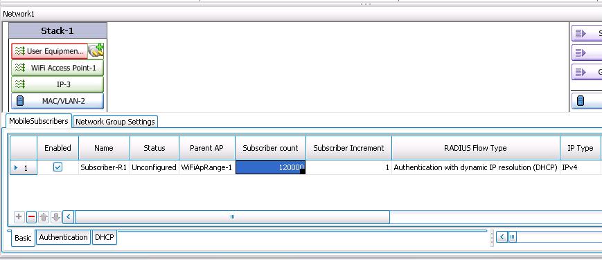 Wi-Fi Offload Test Case: Testing WAG (Wi-Fi Access Gateway) in Isolation 11. Click the User Equipment layer to configure the UEs (subscribers) for the test.