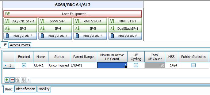 EPC Test Case: Single Radio Voice Call Continuity (SRVCC) with IR94 Figure 133. UE tab UE Tab Set the Maximum Active UE Count to 100. Select enb-r1 as the Parent Range for this UE.