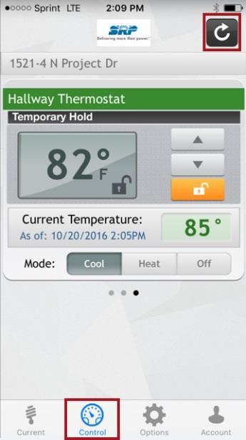 Press the Control icon in the lower portion of the screen to view your thermostats and other devices.
