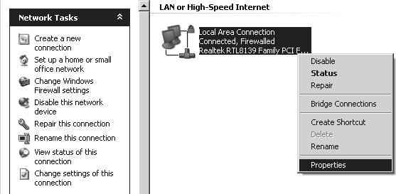 Click Network Connections Right-click Local Area Connection