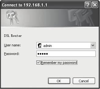 for the User name and Password. Enter the default values and click OK.