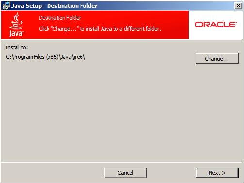You are then prompted to select a Destination Folder for the Java installation. 7. Accept the default location and click Next. Java is installed.