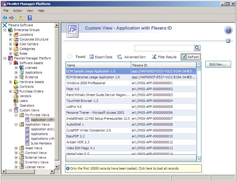 Chapter 4: Configuring FlexNet Manager Platform Viewing an Application s Flexera ID in FlexNet Manager Platform 9. Click Refresh.