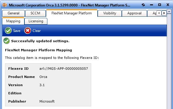 The catalog item is now mapped to a software entry in FlexNet Manager Platform, and the product information is now