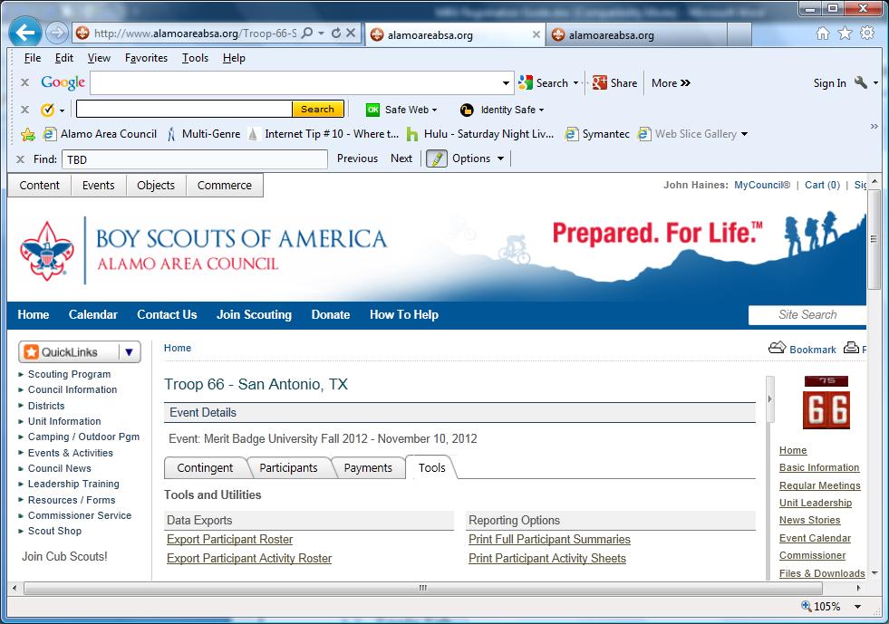 3.2. Tools Tab 1. Select the Tools Tab 2. Select Print Participants Activity Sheets. This will download a report in a PDF format of the Scout s schedule for each scout in your Troop.