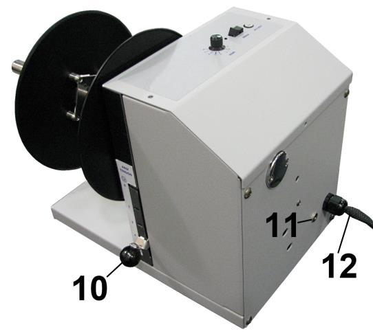 Label Roll Spindle Used to wind Printed Labels around an empty core. 7. Label Tension Arm Spring-loaded shaft controls starting and stopping as tension is maintained or released by media. 8.