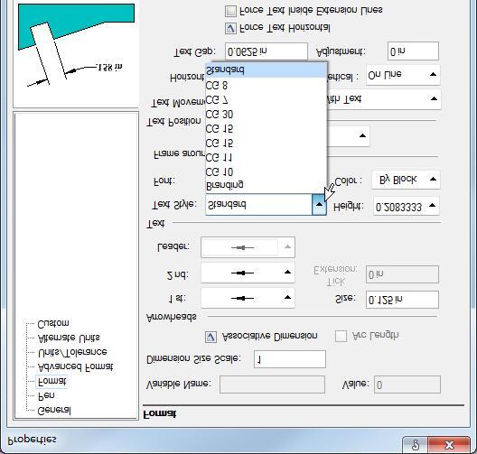Dimension tool styles available, as seen here under the General tab of the Text tool Properties dialogue.