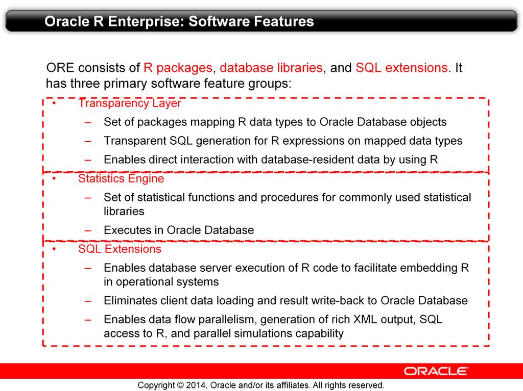 Now, let s take a brief look at the components of Oracle R Enterprise. From a software perspective, ORE consists of R packages, database libraries, and SQL extensions.