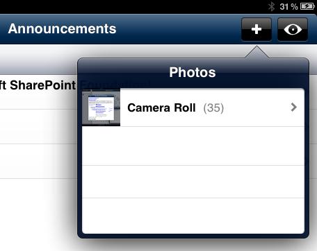 Uploading a Photo from the Library To upload a photo from the ipad library: 1. Tap the icon and choose Photo From Library from the menu. The Photos menu displays: 2.