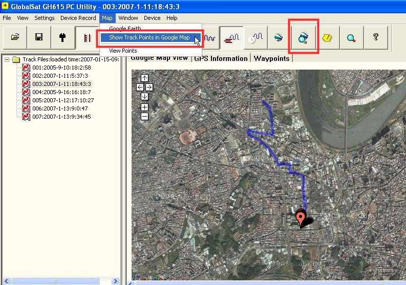 View Track points in Google Maps Double click the Track files on Treebar, and then click from menu bar [Map] > [Show Track Points in Google Map], or press the Show track