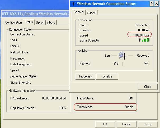 A colored bar shows the intensity of the radio signals in the network 108Mbps Super G Wireless Card bus Adapter Under Hardware Information the Media Access Control (MAC) address of the hardware (WLAN