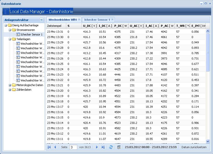 6.2.6 Data history Figure 7: Datenhistorie (Data history) window All measured values for a component in the system can be viewed in tabular form for the period of the last 14 days in the data history