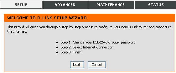 Go to the Setup directory to view the ADSL Setup menu. To use the Setup Wizard, click the Setup Wizard button in the first browser menu and follow the instructions in the menus that appear.