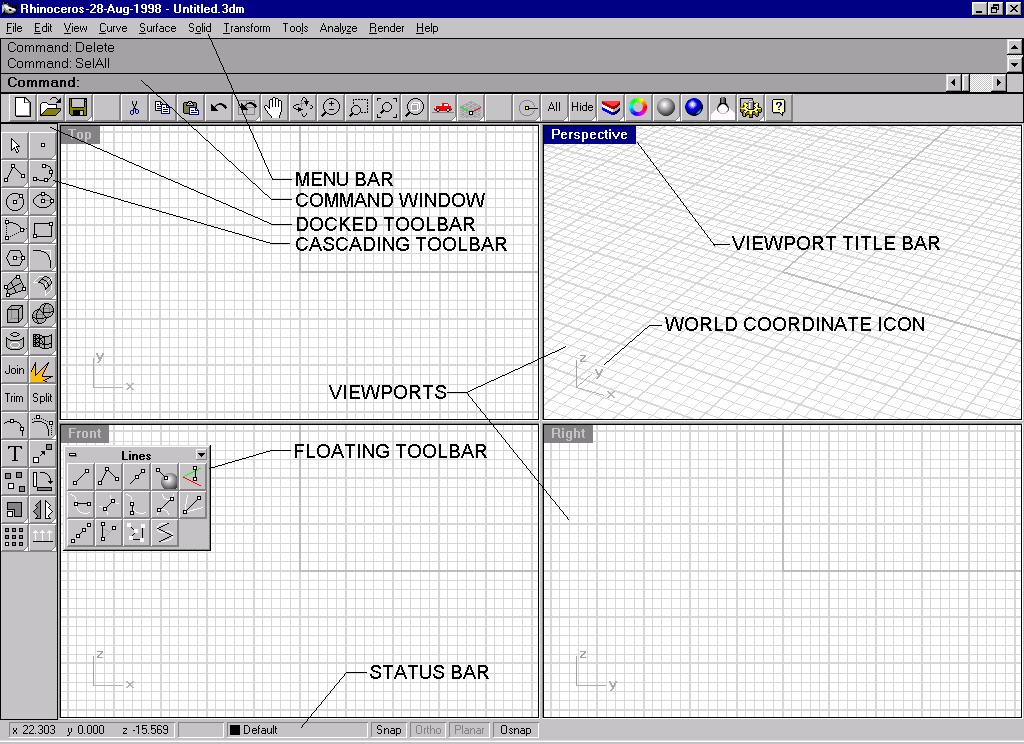 RHINO BASICS Screen Area Viewports Command line Status bar Description Displays different views of the model within the graphics area.
