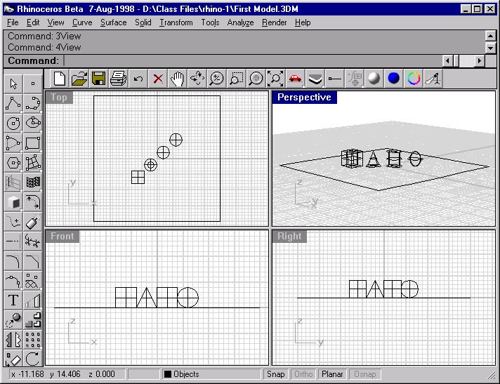 RHINO BASICS 3 From the View menu, click Viewport Layout, then click 4 Viewports. Three parallel viewports and one perspective viewport 4 In the status bar, click Snap to turn on the grid snap.