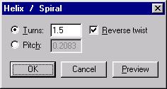 CREATING SURFACES 6 In the Helix / Spiral dialog, change the turns to 1.5, check Reverse twist, then click OK.