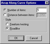 CREATING SURFACES 5 In the Array along curve options dialog box, in the Number of items box, type 5, under Style, click Roadlike, and then click OK.