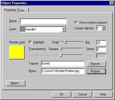 RENDERING 2 From the Edit menu, click Object Properties. The Object Properties dialog appears. Object Color 3 In the Object Properties dialog, click the Browse button next to Bump.