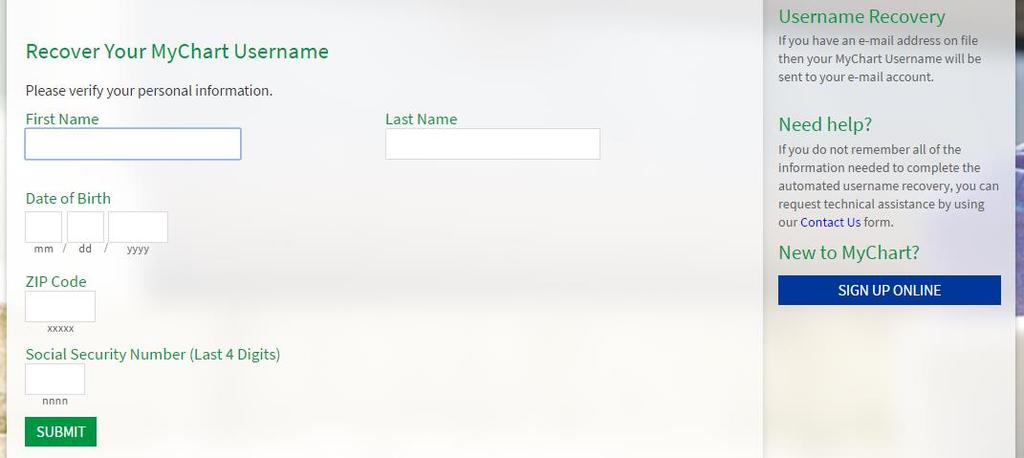 Fill in your first and last name, date of birth, zip code and social security number and select the Submit button.