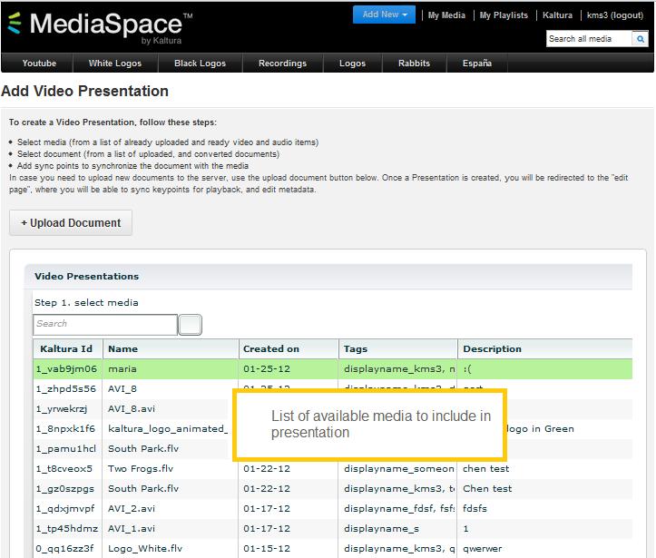 In the MediaSpace header's Add New menu, select Vide Presentatin.